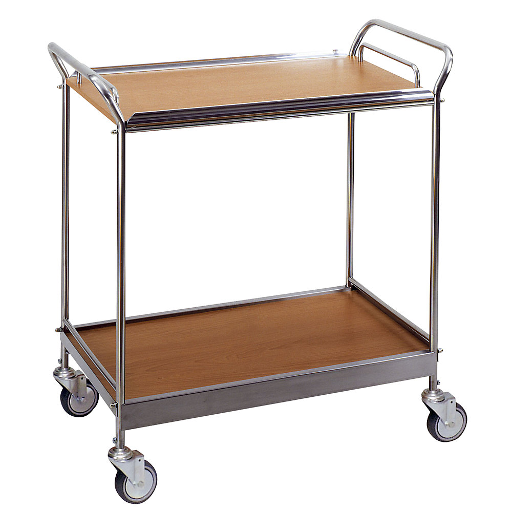 Serving trolley with 2 shelves, removable tray, LxWxH 770 x 370 x 860 mm, stainless steel / mahogany finish