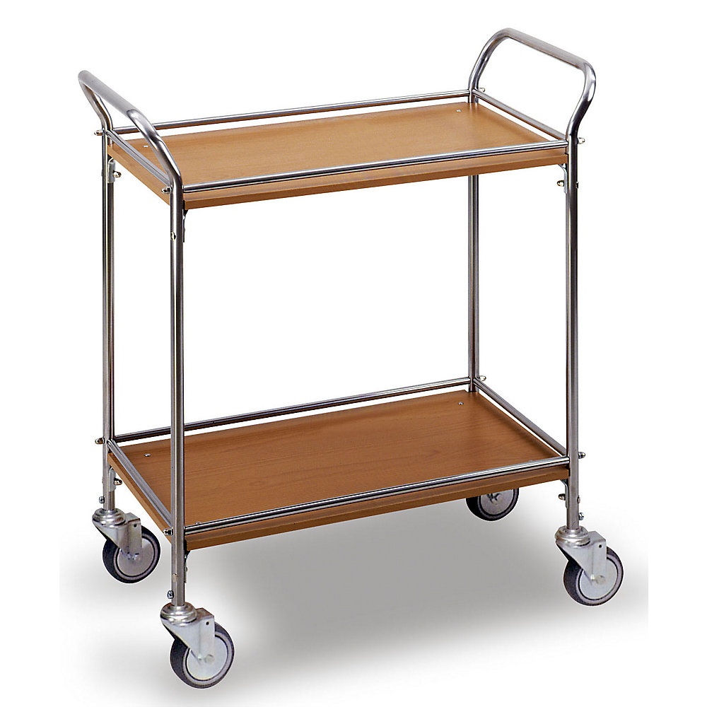 Serving trolley in stainless steel / wood finish, with 2 shelves, mahogany finish