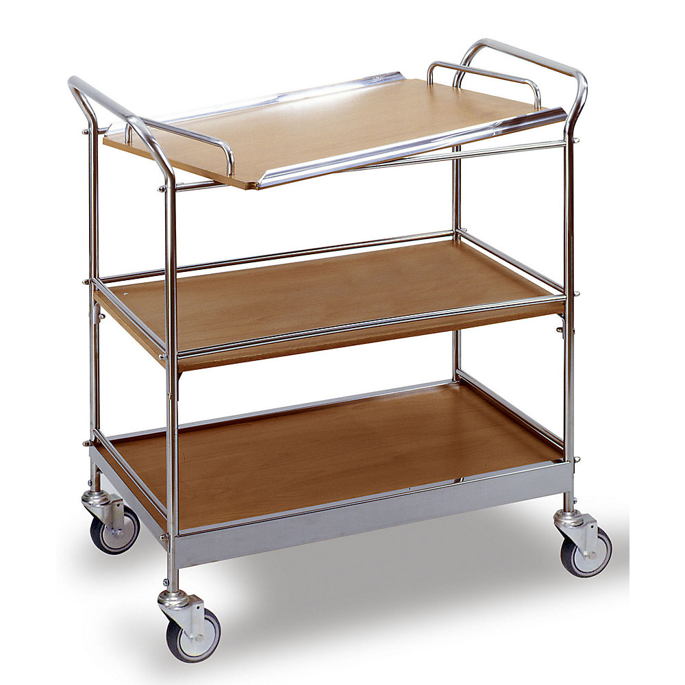 Serving trolley with 3 shelves, removable tray, LxWxH 770 x 370 x 860 mm, stainless steel / beech finish