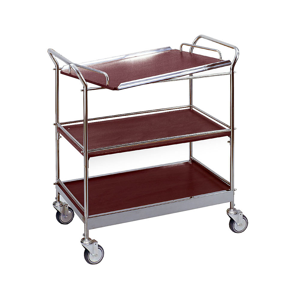 Serving trolley with 3 shelves, removable tray, LxWxH 770 x 370 x 860 mm, stainless steel / mahogany finish