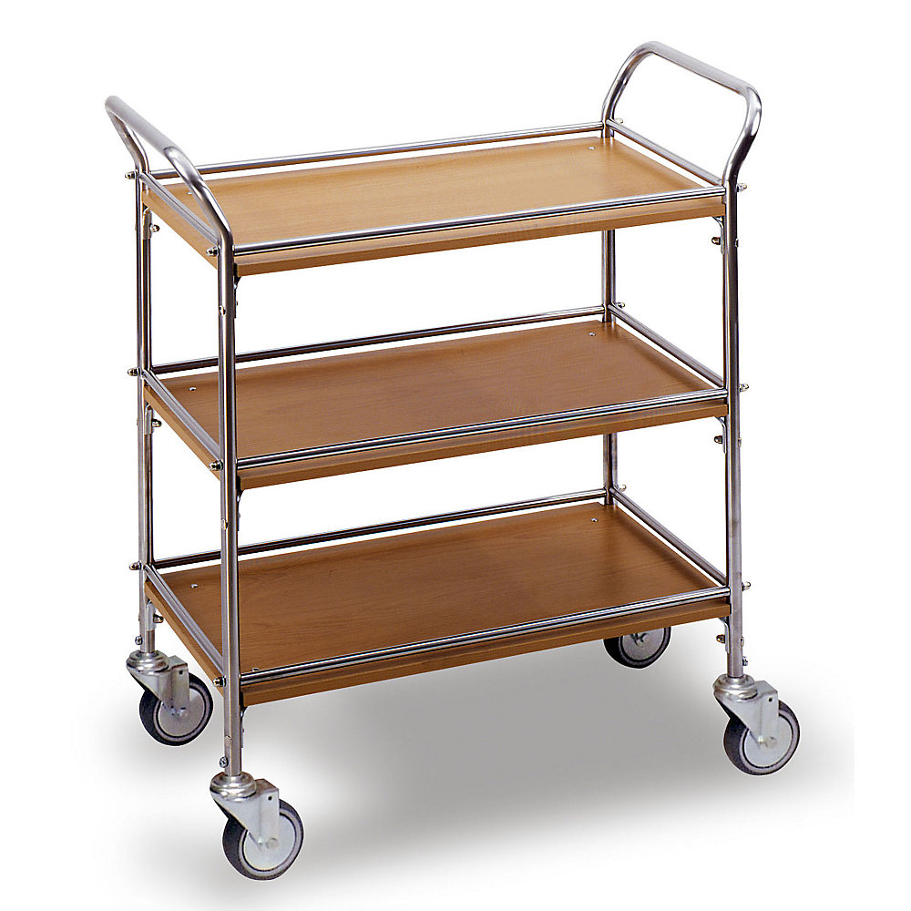 Serving trolley in stainless steel / wood finish, with 3 shelves, mahogany finish
