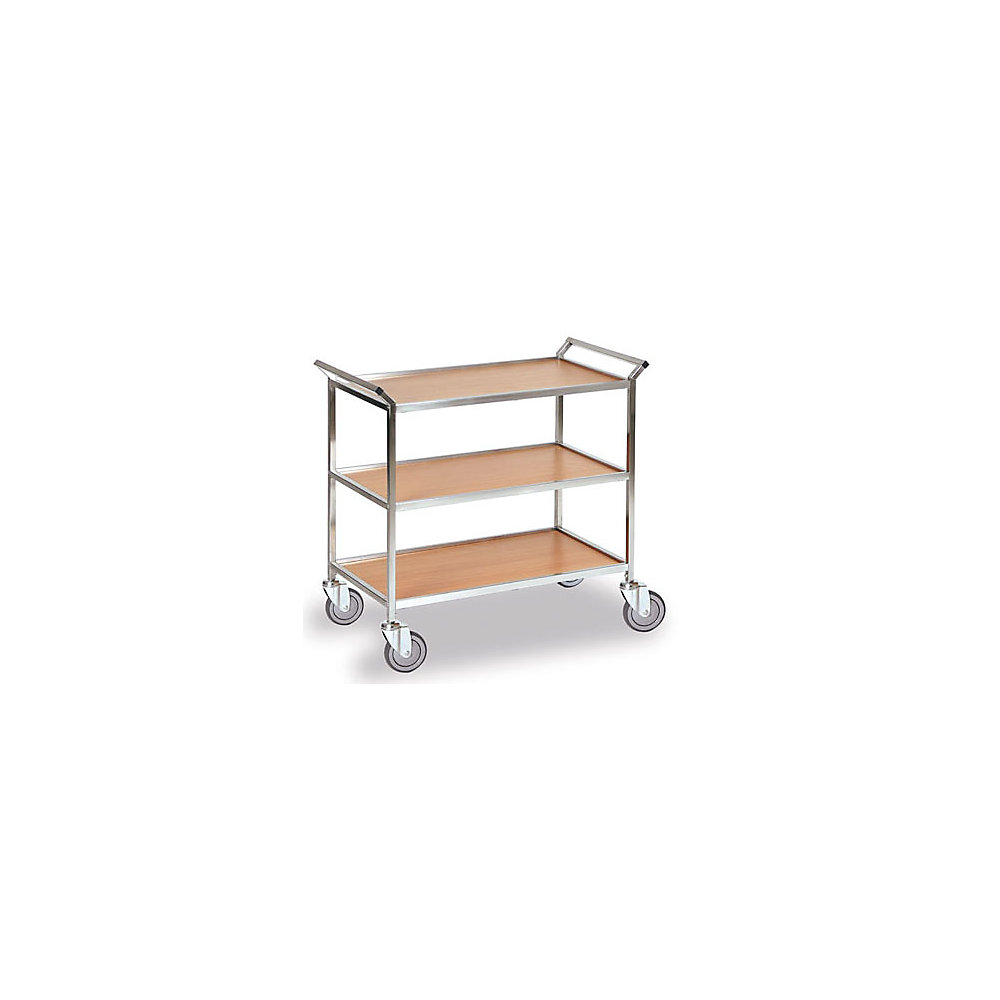 Serving trolley with 3 shelves, stainless steel frame, panels in beech finish