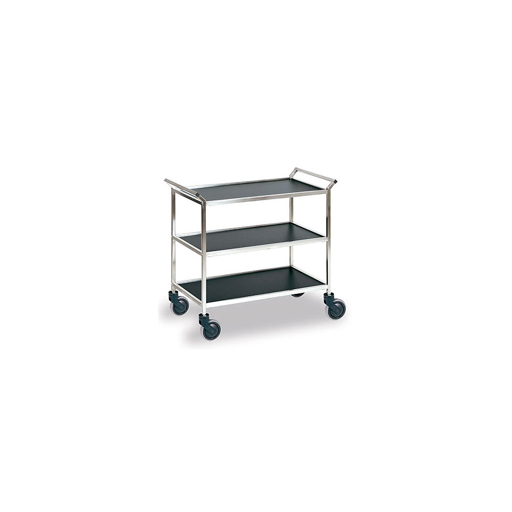 Serving trolley with 3 shelves, stainless steel frame, panels in black