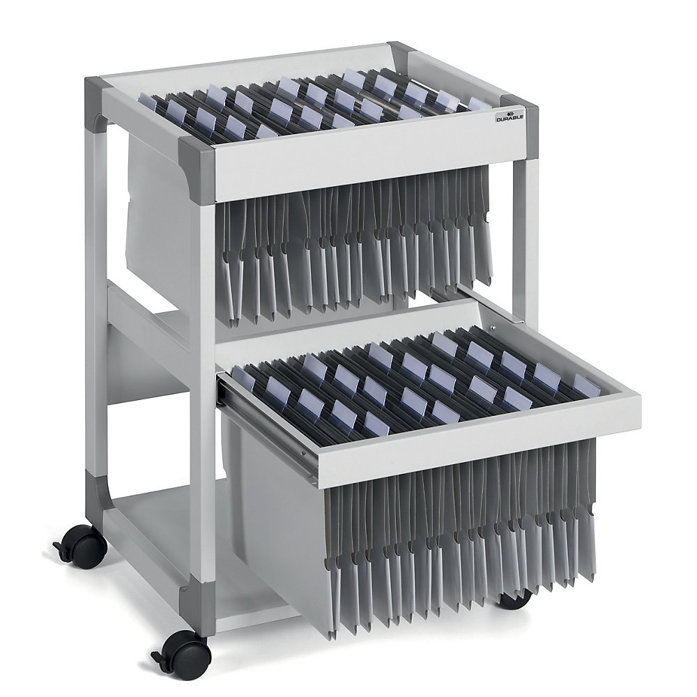 DURABLE MULTI DUO suspension file trolley, for 80 files, 2 shelves with drawer, light grey
