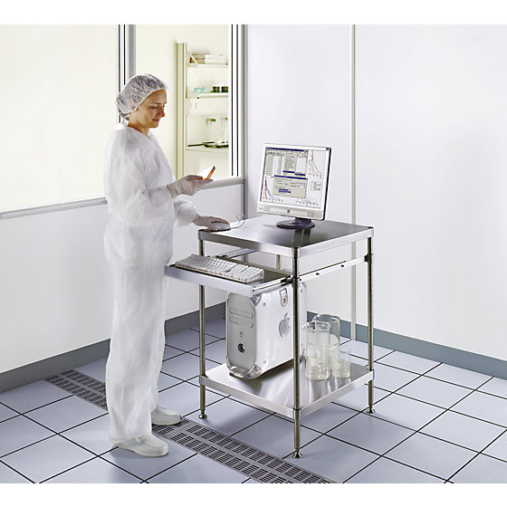 Reinraum-PC-Arbeitstisch, aus Edelstahl, Ablageboden, HxBxT 870x610x610mm