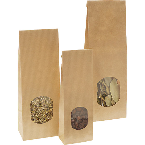 Blockbodenbeutel mit Fenster, aus Kraftpapier, OPP, VE - 1