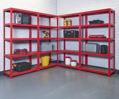 red corner shelving unit in a garage