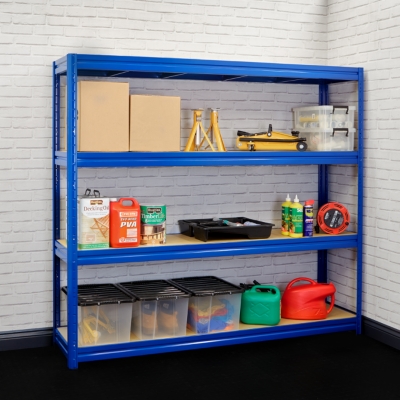 blue heavy duty shelving against a wall as storage