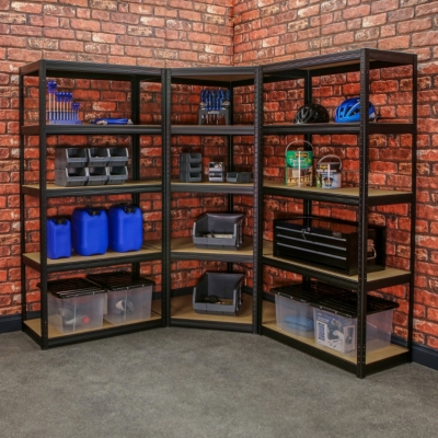 Black corner shelving for a garage