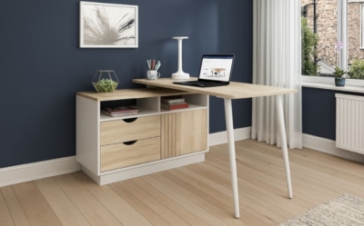 Compact small office desk in home with drawers and wood effect