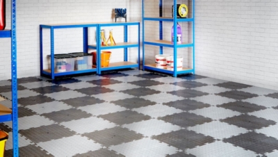 Black and grey interlocking garage floor tiles