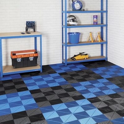 Black, grey and blue interlocking vented garage floor tiles