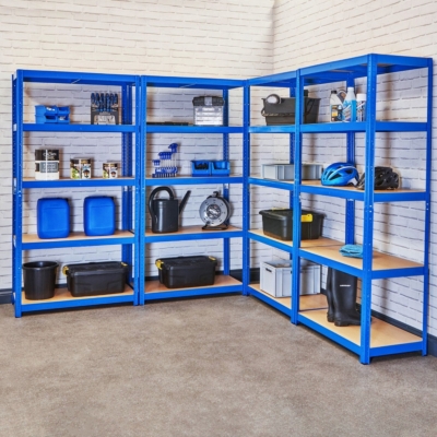 Garage shelves with various objects on