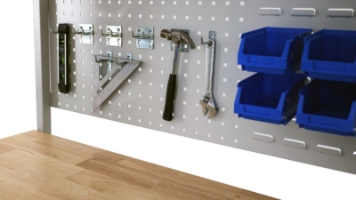 Metal pegboard garage shelf offering hanging storage for tools and DIY equipment