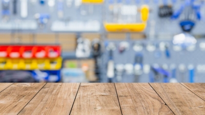 A sturdy wooden shelf in a home garage