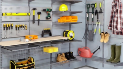 Garage shelving unit with garage equipment neatly stored