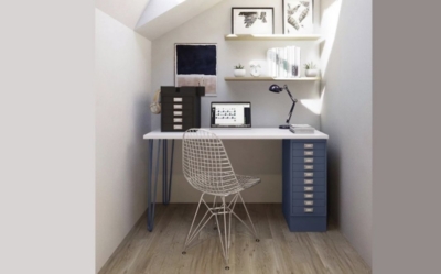 Home office desk with laptop on in a small space