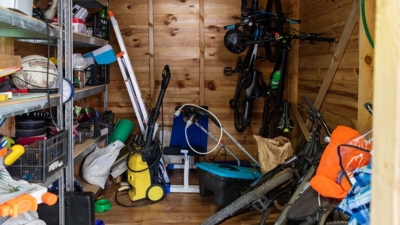 A cluttered garden shed with shelves to the left but unorganised storage on the floor