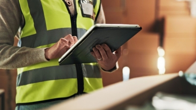 Warehouse worker with clipboard checks stock inventory