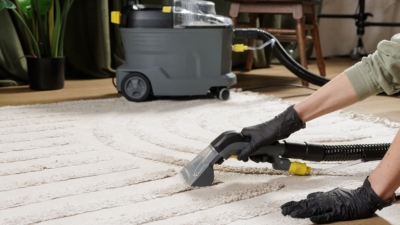 Person wearing disposable gloves uses a carpet cleaner to remove stains from a living room rug