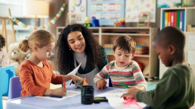 Reception class pupils in a primary school lesson